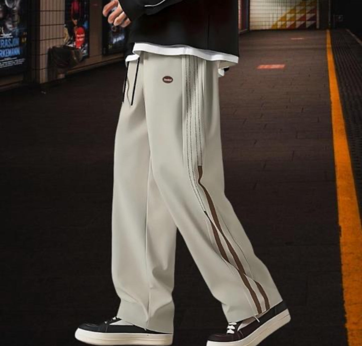 Men's Korean Relaxed Fit Track Pants | Stretchable Poly-Spandex Joggers with Printed Side Seam, Side Pockets &amp; Elastic Waist with Drawcord | Baggy Open-Bottom Trousers for Casual, Sports &amp; Lounge Wear