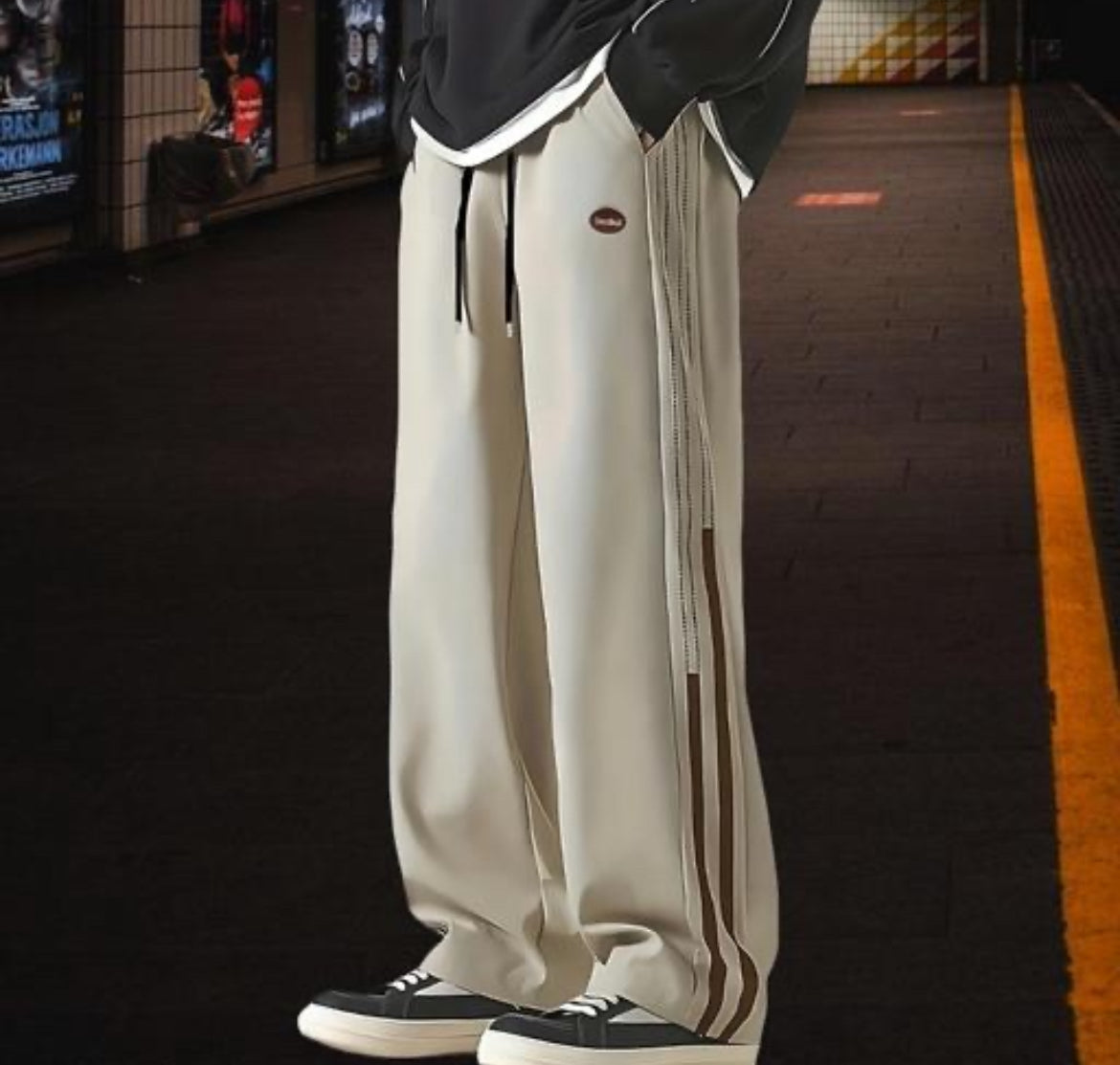 Men's Korean Relaxed Fit Track Pants | Stretchable Poly-Spandex Joggers with Printed Side Seam, Side Pockets &amp; Elastic Waist with Drawcord | Baggy Open-Bottom Trousers for Casual, Sports &amp; Lounge Wear