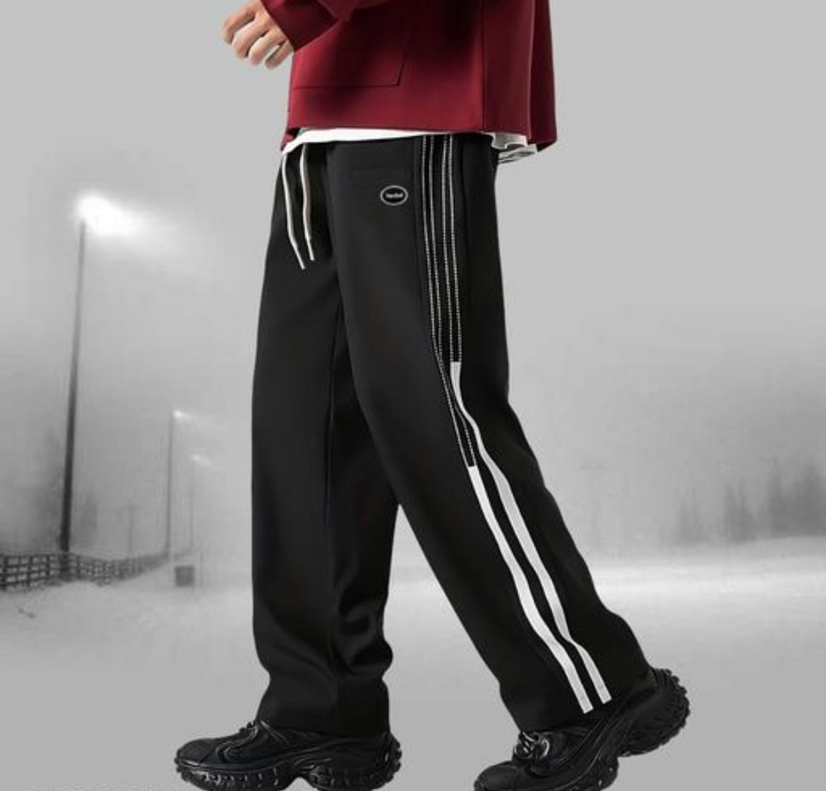 Men's Korean Relaxed Fit Track Pants | Stretchable Poly-Spandex Joggers with Printed Side Seam, Side Pockets &amp; Elastic Waist with Drawcord | Baggy Open-Bottom Trousers for Casual, Sports &amp; Lounge Wear