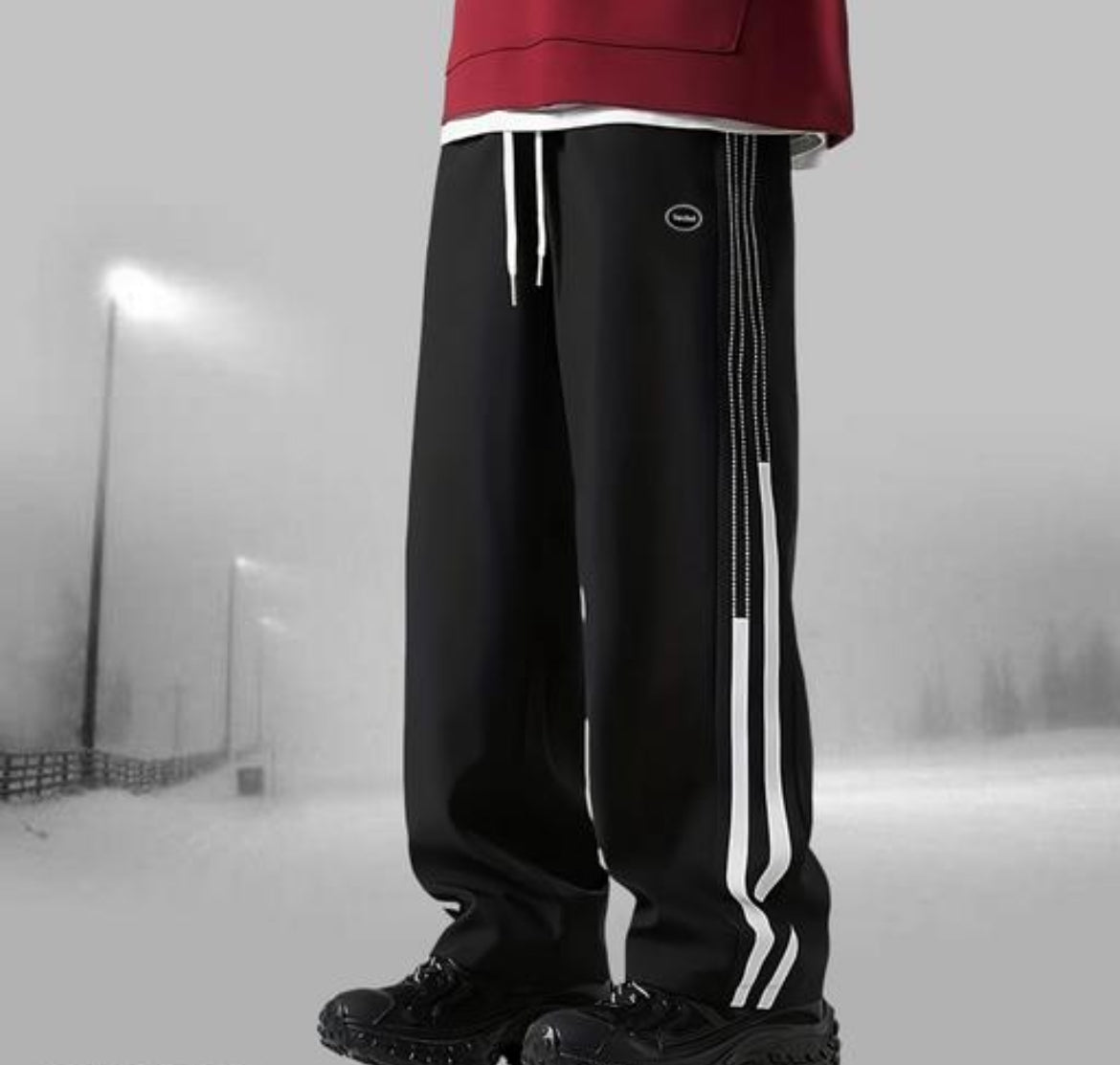 Men's Korean Relaxed Fit Track Pants | Stretchable Poly-Spandex Joggers with Printed Side Seam, Side Pockets &amp; Elastic Waist with Drawcord | Baggy Open-Bottom Trousers for Casual, Sports &amp; Lounge Wear