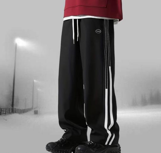 Men's Korean Relaxed Fit Track Pants | Stretchable Poly-Spandex Joggers with Printed Side Seam, Side Pockets &amp; Elastic Waist with Drawcord | Baggy Open-Bottom Trousers for Casual, Sports &amp; Lounge Wear