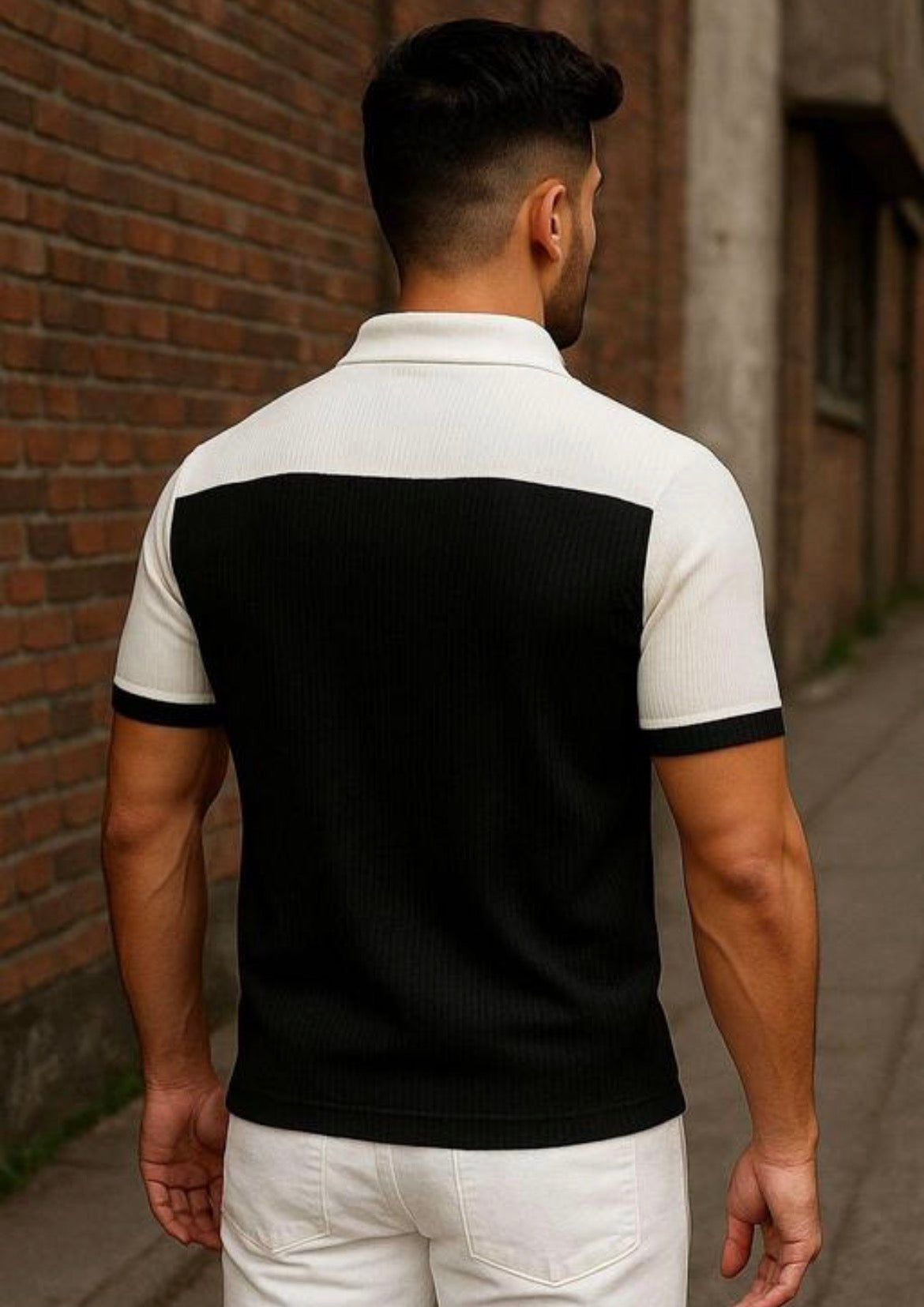 frill black and white polo contrast collar with zip&nbsp;